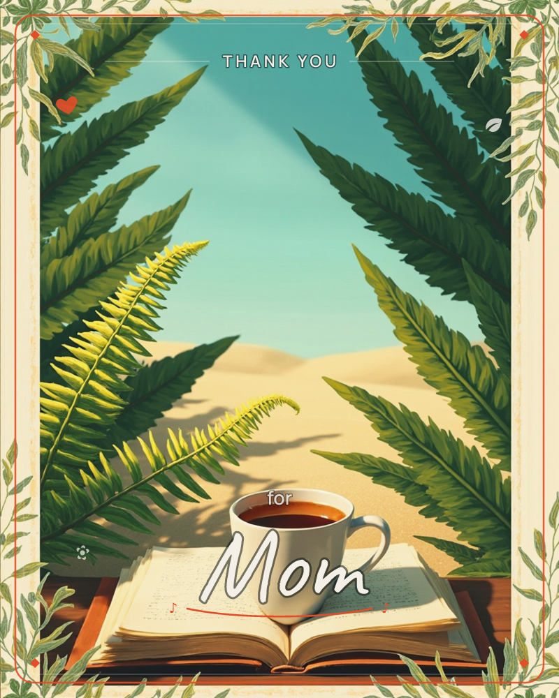 A white cup of dark coffee rests on an open, handwritten journal, framed by large fern fronds parting like curtains toward a sunlit stretch of desert…, a thankyou e-card design