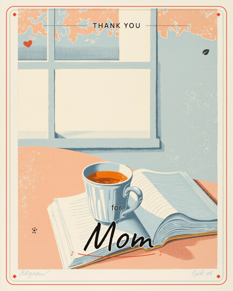 A cup of tea rests on the pages of an open book, set on a peach-toned windowsill with mottled coral sky beyond the panes, a thankyou e-card design