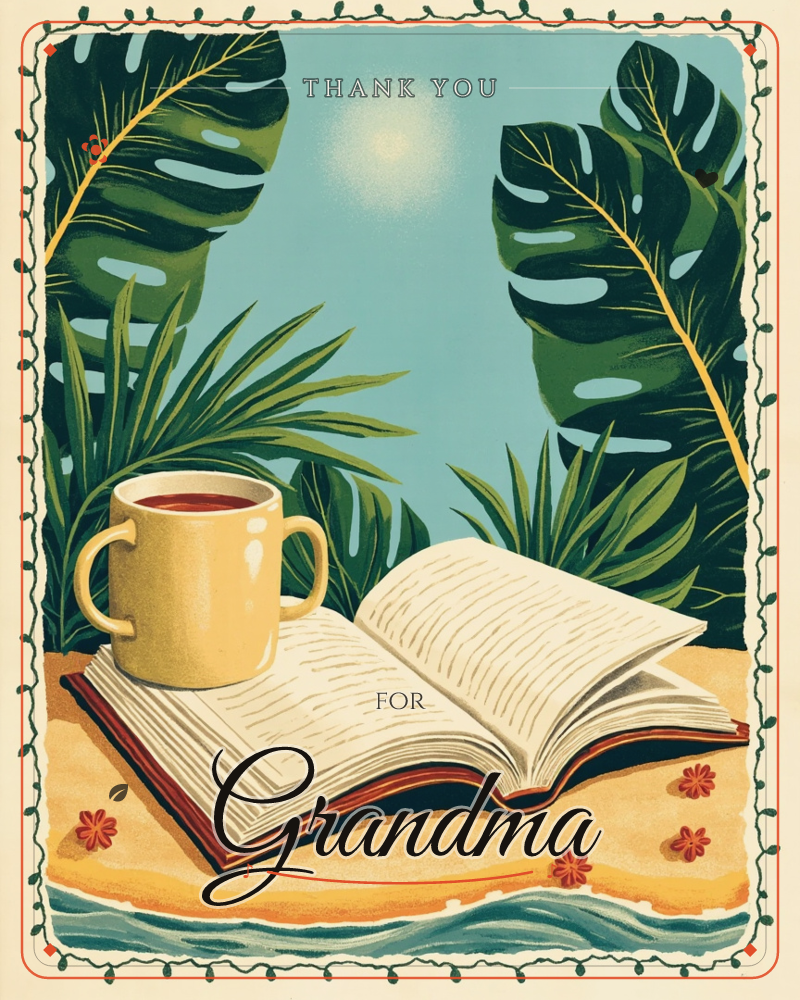An open book rests on a sandy shoreline with a mug of dark tea or coffee balanced on its pages, framed by large monsanto and palm leaves against a pale…, a thankyou e-card design