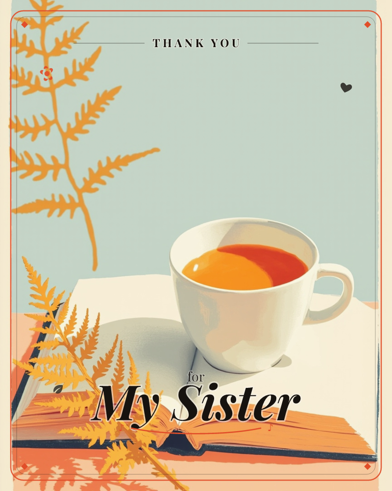 A white teacup filled with amber tea sits atop an open book resting on a tabletop, with golden fern fronds arching across a soft dusty-blue background, a thankyou e-card design