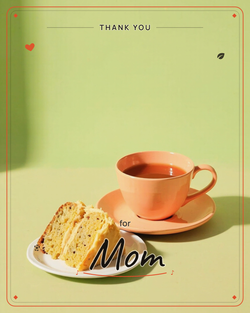 A slice of frosted layer cake sits on a white plate beside a peach-coloured cup of tea on a matching saucer, all arranged against a bright green…, a thankyou e-card design