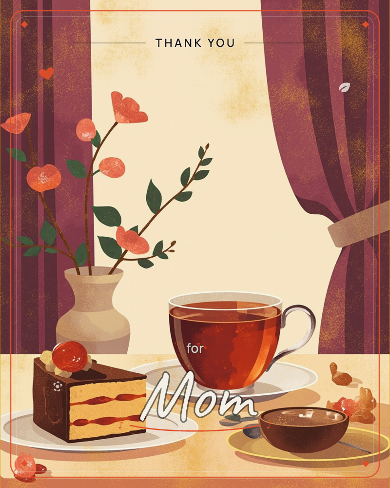 A cosy window nook is set with a slice of layered cake, a full cup of dark tea and a small bowl of chocolate sauce, all on a warm mustard tabletop, a thankyou e-card design