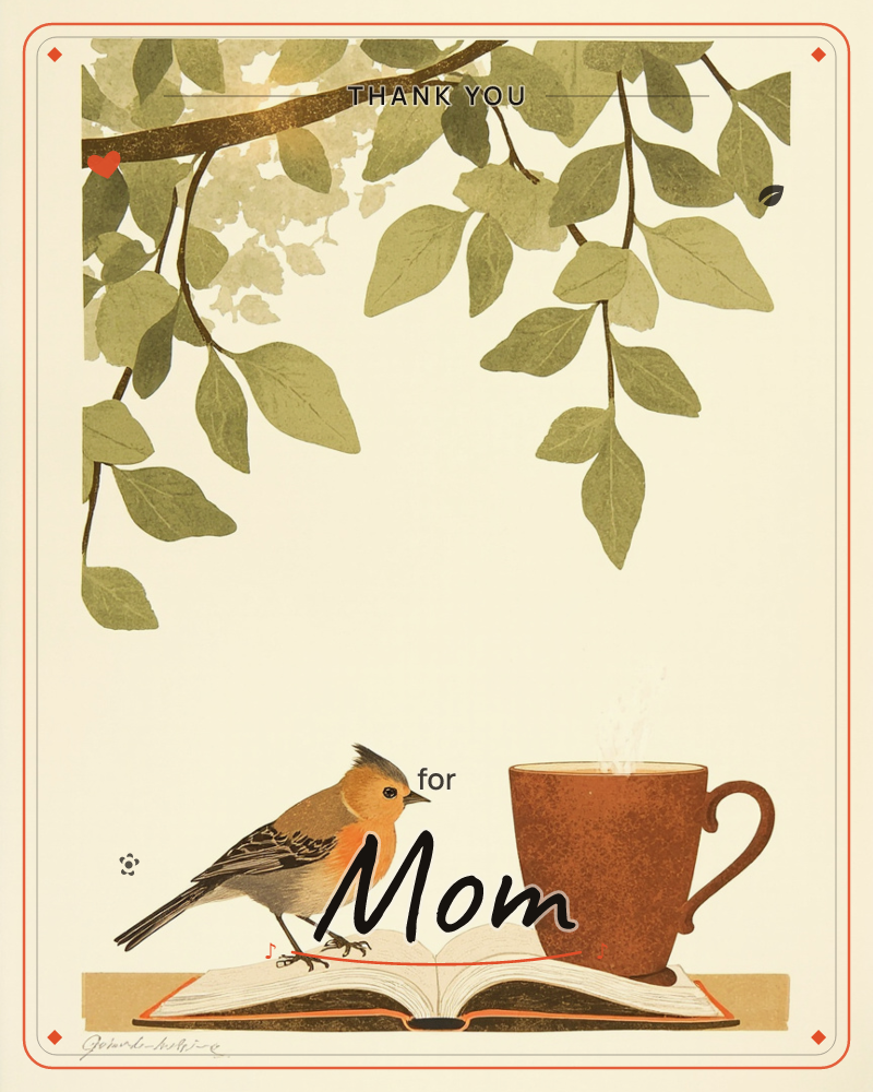 A branch heavy with soft green leaves stretches across the top of the card, sunlight filtering through the foliage, a thankyou e-card design