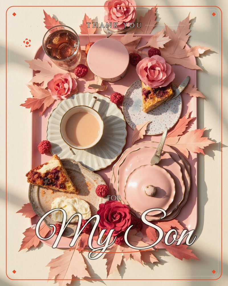 A blush-pink tray is styled from above with a slice of berry tart, a scalloped teacup of milky tea, raspberries, and a stack of pink plates, all…, a thankyou e-card design