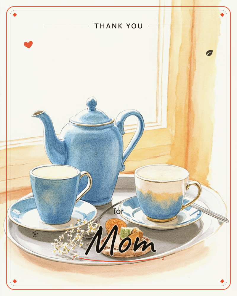 A blue and gold china teapot stands between two matching teacups on a round tray, with a small open sandwich, a dried orange slice and a sprig of tiny…, a thankyou e-card design
