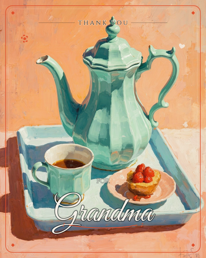 A painted still life shows a mint-green teapot with an ornate curved handle standing on a matching tray, beside a filled cup of tea and a small tart…, a thankyou e-card design