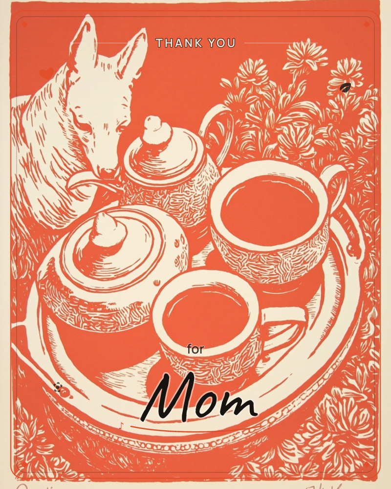 A linocut-style print shows a curious dog nosing at a tea tray set among wildflowers, with two full teacups, a teapot and sugar bowl arranged on a…, a thankyou e-card design