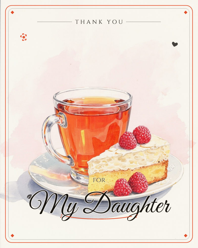 A glass mug of amber tea sits on a white saucer beside a thick slice of cream-topped cake scattered with fresh raspberries, a thankyou e-card design