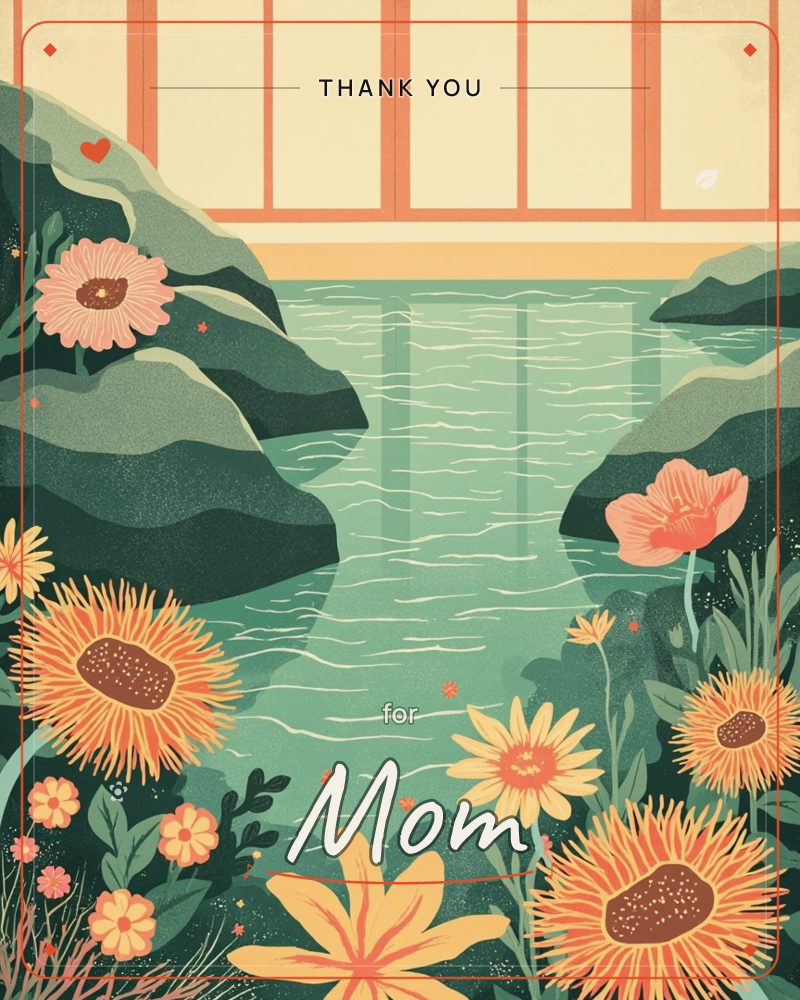 A tranquil indoor pool glows pale green between two rounded, moss-dark hills, with tall orange-framed windows letting in soft cream light behind it, a thankyou e-card design