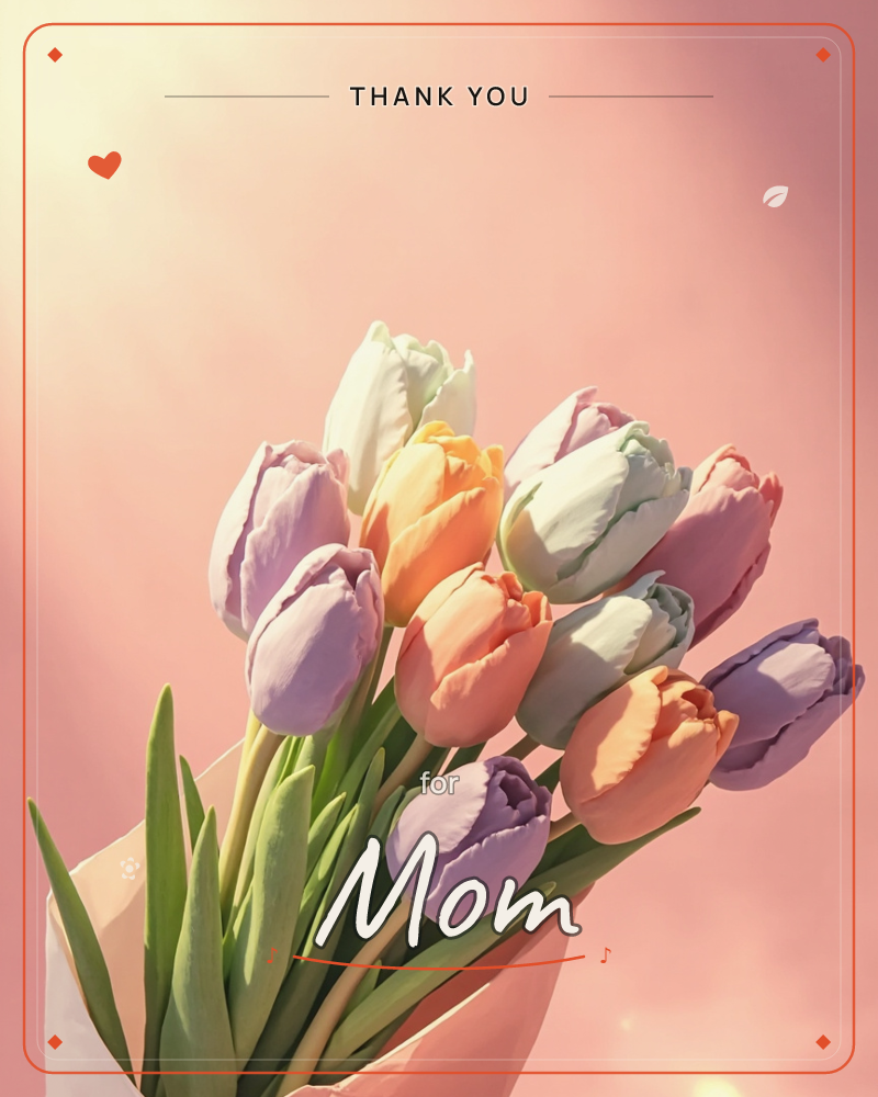 A wrapped bouquet of tulips in lavender, peach, cream and white stands against a warm pink backdrop, with soft sunlight streaking in from the upper left, a thankyou e-card design