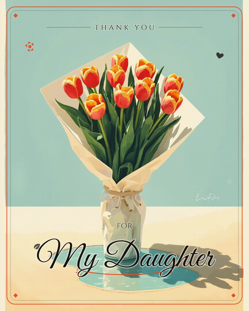 A bouquet of red and yellow tulips stands wrapped in cream paper inside a glass vase, set against a soft teal backdrop, a thankyou e-card design