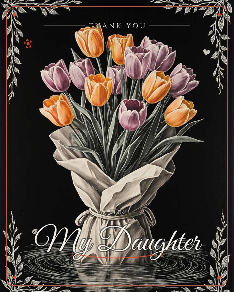 A wrapped bouquet of orange and lavender tulips stands upright in shallow rippling water, its stems tied with twine, all set against a deep black…, a thankyou e-card design