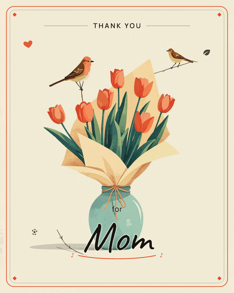 A round teal vase holds a bunch of orange tulips wrapped in cream paper, tied with a simple orange string, a thankyou e-card design