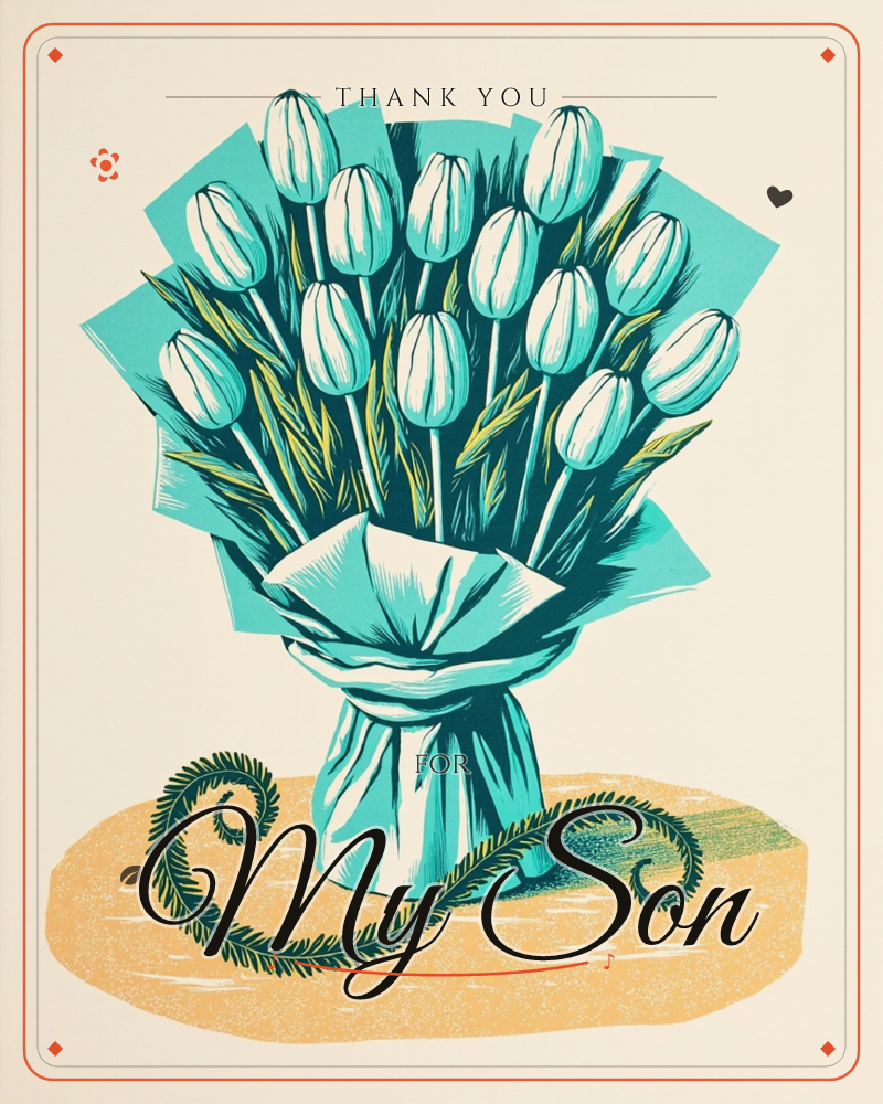 A tall bouquet of tulips wrapped in turquoise paper stands on a warm sandy-yellow surface, framed by two curling fern fronds, a thankyou e-card design
