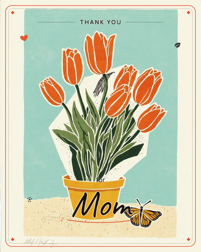 A potted cluster of orange tulips stands in a mustard-yellow pot against a soft turquoise background, with a monarch butterfly resting nearby on a…, a thankyou e-card design