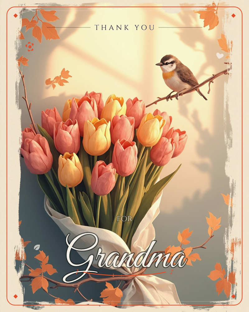 A bouquet of coral and yellow tulips wrapped in cream cloth stands against a warm wall, sunlight streaming through an unseen window and casting long…, a thankyou e-card design