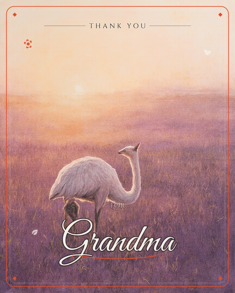A pale, long-necked creature with a soft feathered body and an oddly camel-like head stands alone in a purple-grassed field at sunset, a thankyou e-card design