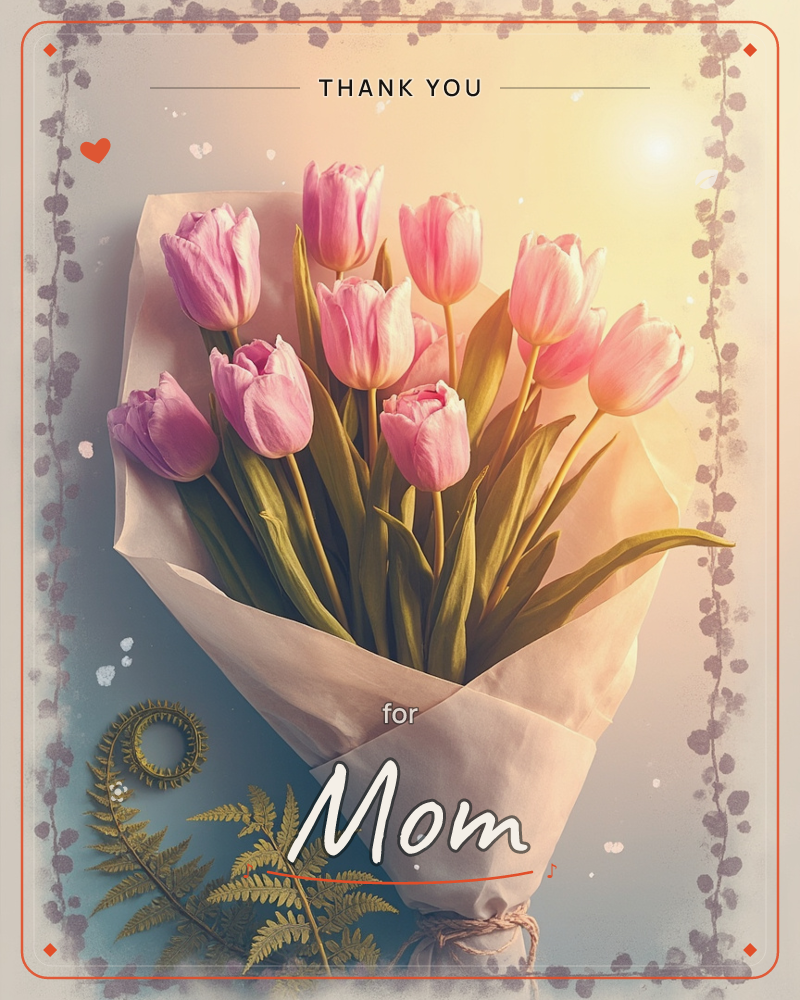 A bouquet of pink tulips wrapped in soft cream paper and tied with twine sits against a hazy, sun-warmed background, with a coiled fern frond resting…, a thankyou e-card design
