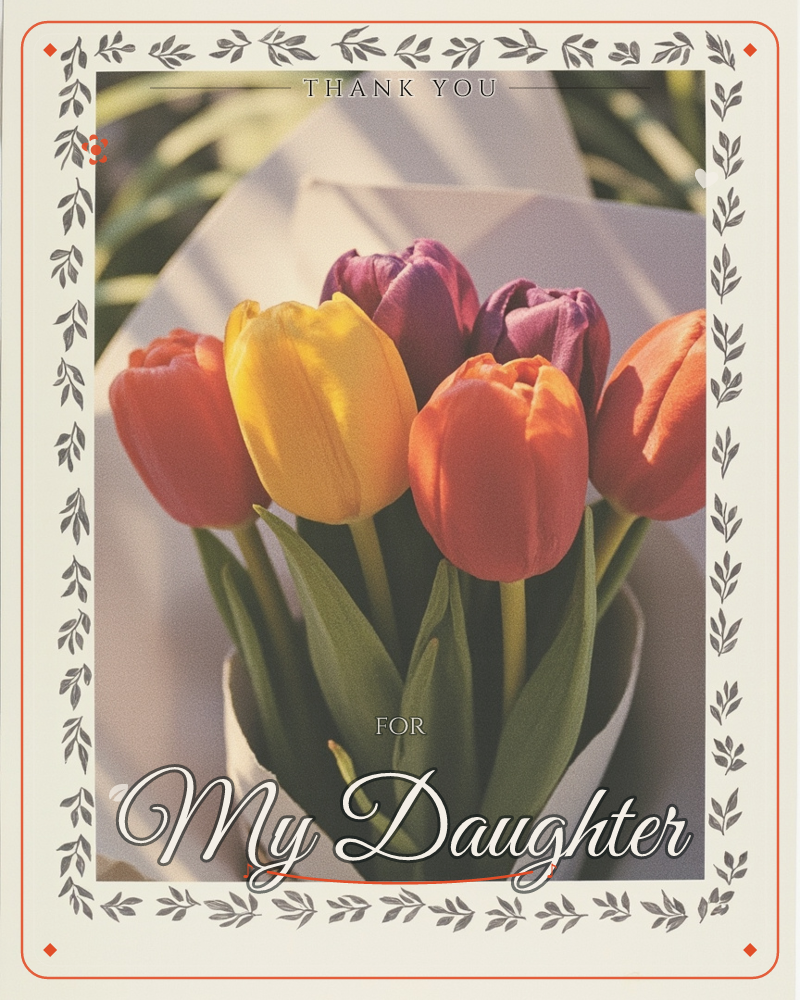 A close-up photograph shows a bunch of tulips in orange, yellow, and deep purple wrapped in white paper, lit by soft natural light with green stems and…, a thankyou e-card design