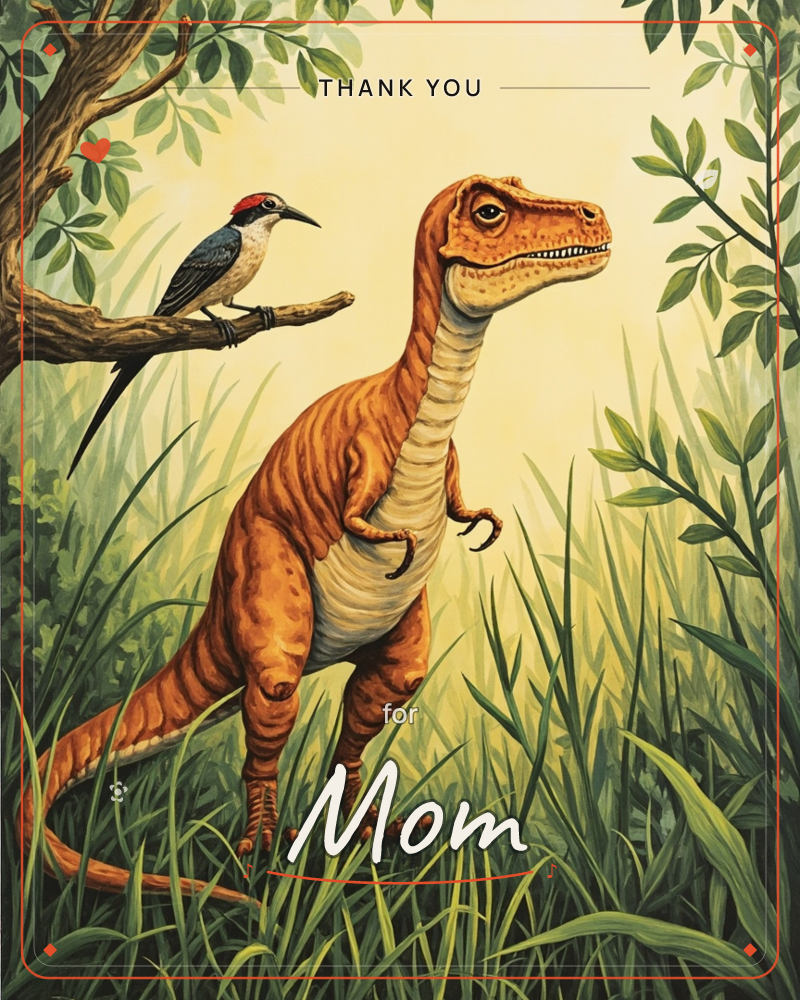 An orange-striped raptor dinosaur stands upright among tall green grass, its head turned to meet the gaze of a small red-capped bird perched calmly on…, a thankyou e-card design