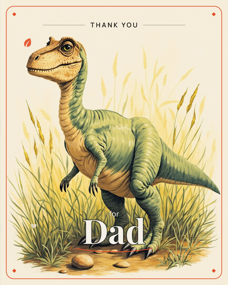 A green and tan dinosaur stands alert among tall golden grass, its long neck curved and small clawed hands tucked close to its chest, a thankyou e-card design