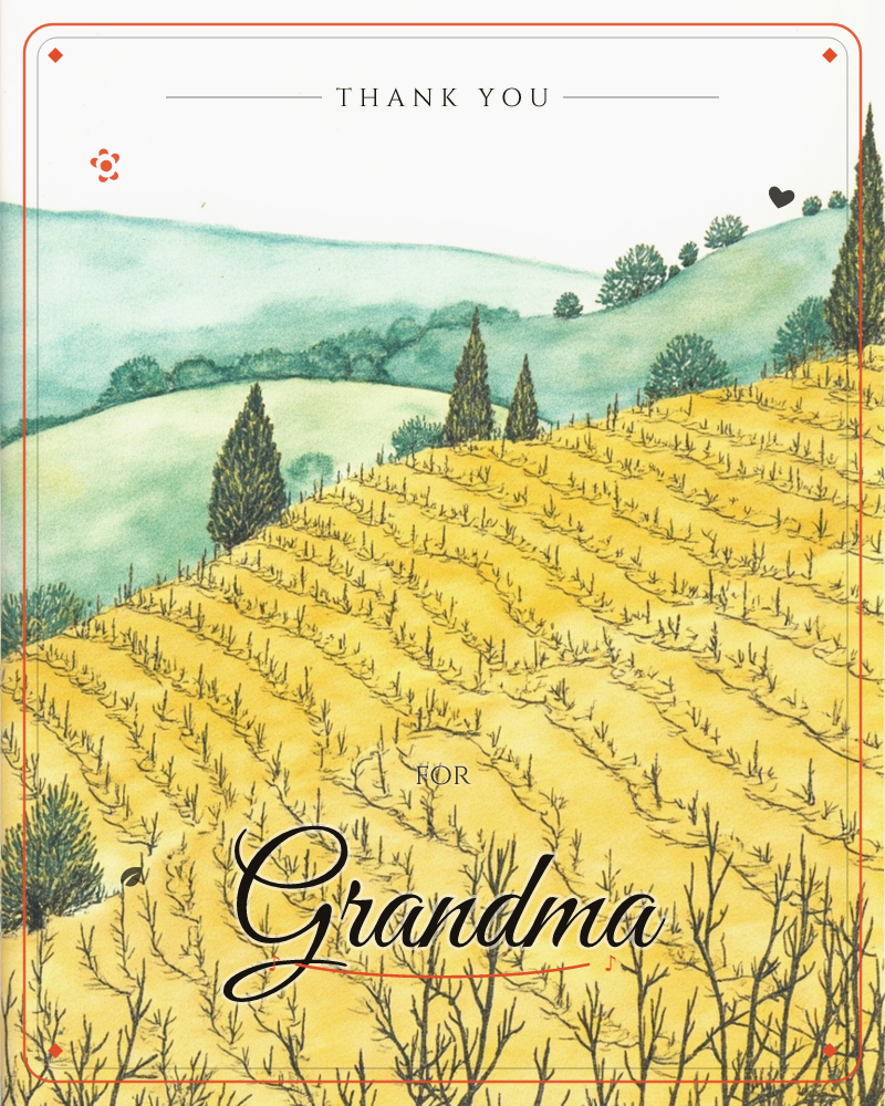 A golden hillside vineyard is planted in neat curving rows, its bare winter vines drawn in fine dark lines against warm ochre soil, a thankyou e-card design