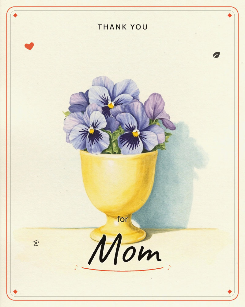A cluster of purple and blue pansies sits in a small yellow egg cup, painted in soft watercolour on a plain cream background, a thankyou e-card design