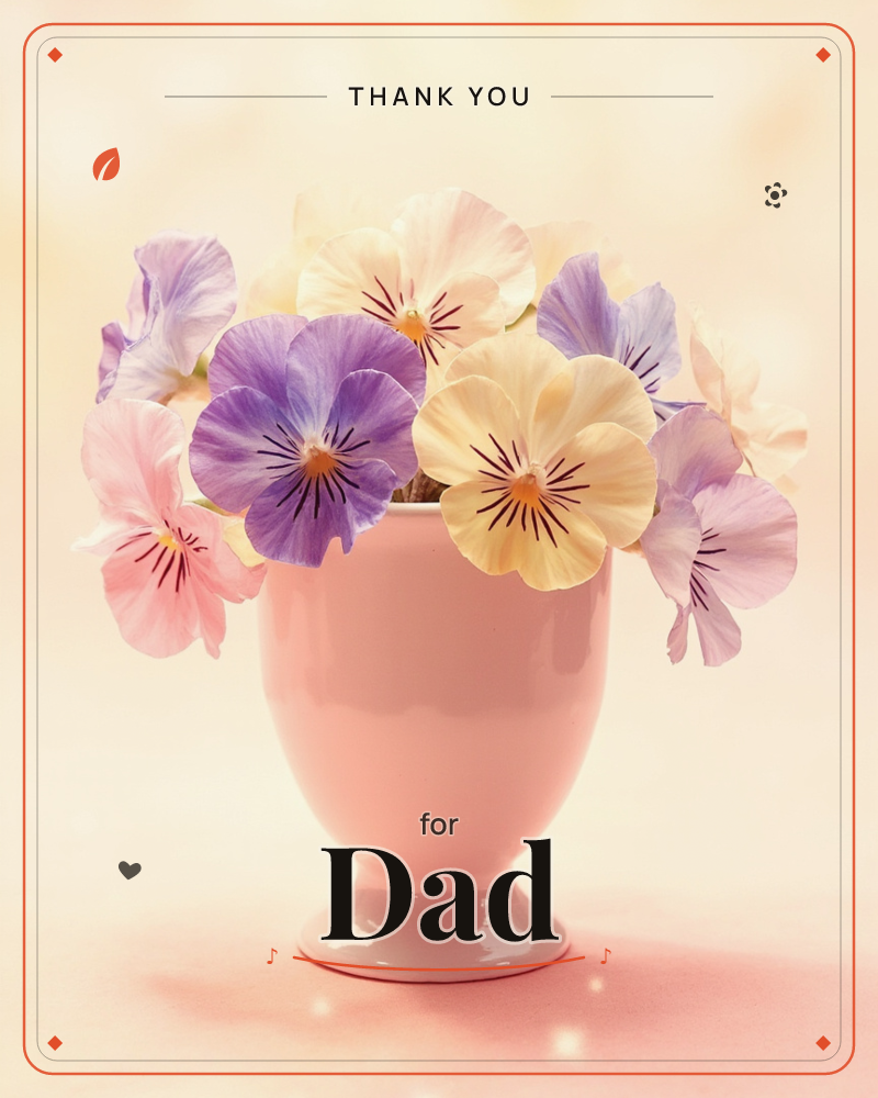 A small pink ceramic egg-cup vase holds a tight cluster of pansies in purple, cream, and pale pink, their dark veined centres catching the light, a thankyou e-card design