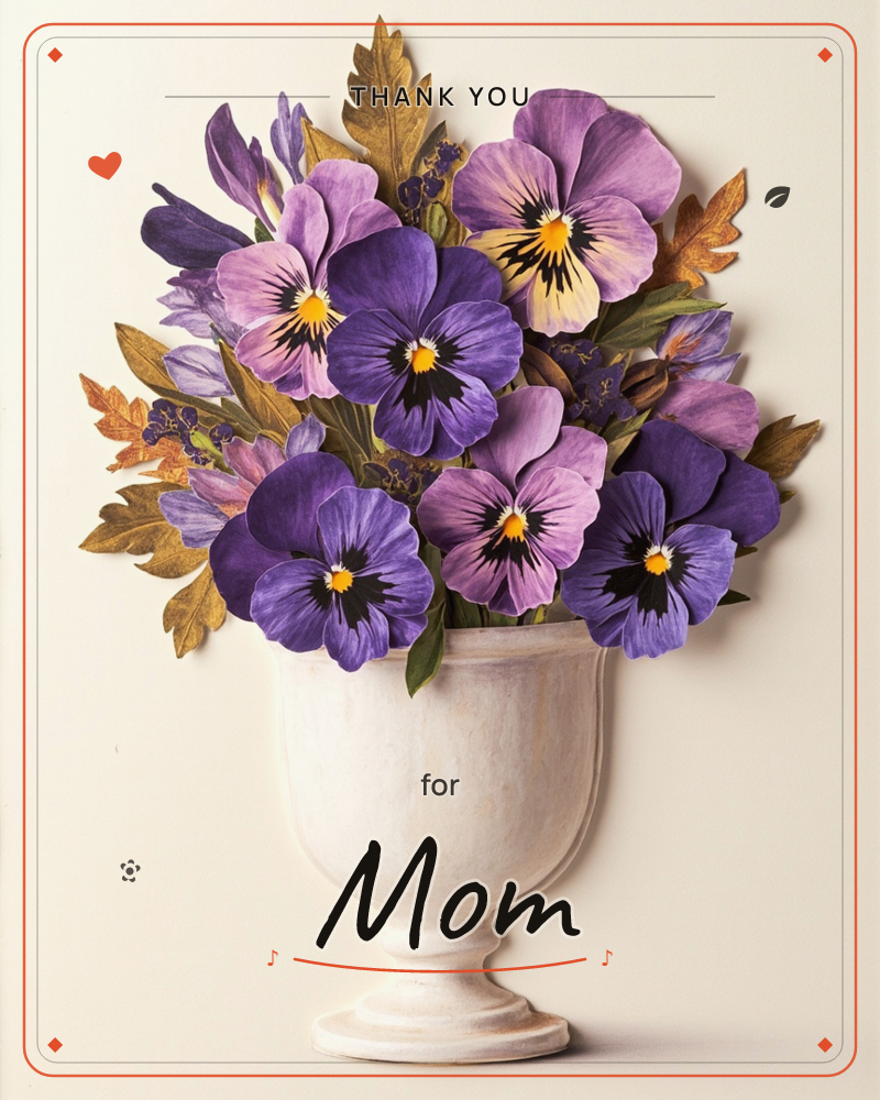 A cluster of large purple and lilac pansies fills a white stone urn, their velvety petals streaked with deep violet and centred in gold, a thankyou e-card design