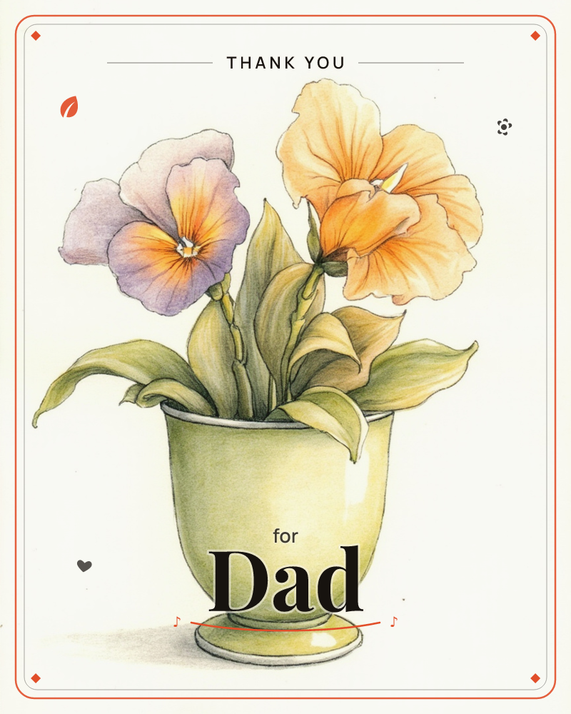 A pale green pedestal pot holds two large pansy-like blooms, one lavender and one apricot-orange, both centred with a soft yellow glow, a thankyou e-card design