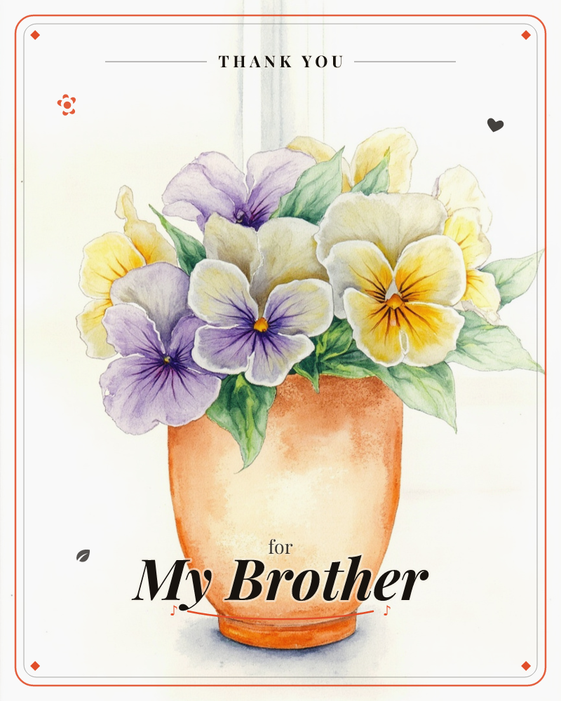A terracotta pot brims with pansies in purple, yellow and cream, their ruffled petals painted with soft washes of colour and delicate veining, a thankyou e-card design