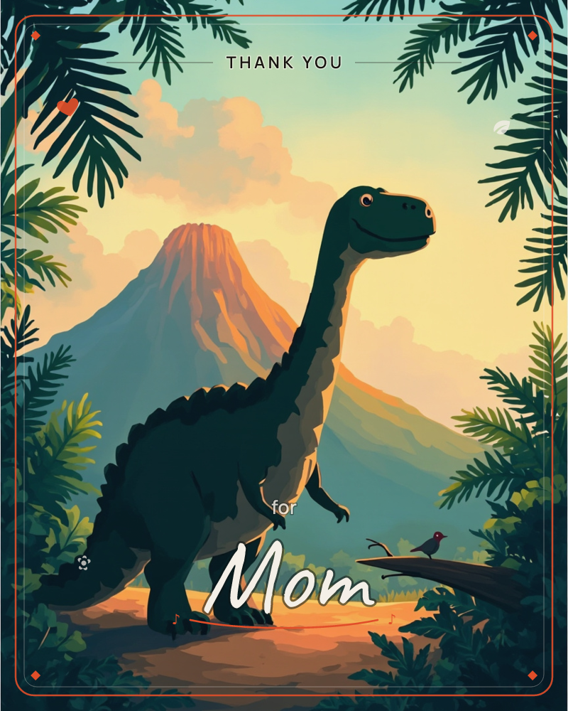A long-necked dinosaur stands smiling on a dusty path, framed by dark palm fronds, with a small red-headed bird perched on a fallen branch nearby, a thankyou e-card design