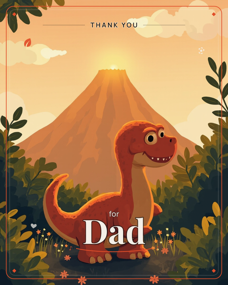 A cheerful cartoon dinosaur with a wide grin stands among leafy jungle plants and small orange flowers, a tall volcano-shaped mountain glowing behind…, a thankyou e-card design