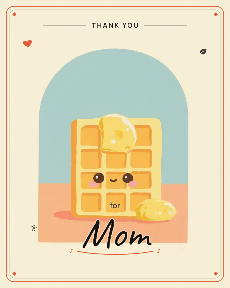 A cheerful square waffle with a happy, blushing face sits in an arched niche, topped with a melting pat of butter and another dollop pooling beside it…, a thankyou e-card design