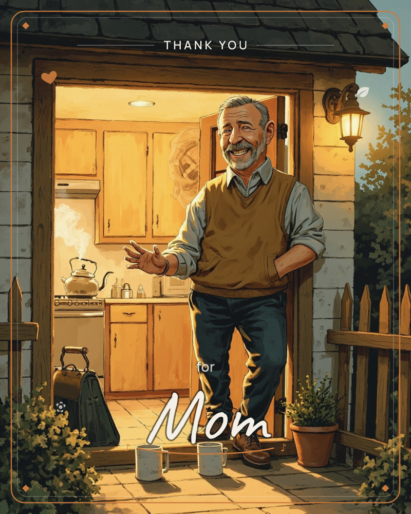 Golden dusk at a cottage doorway, warm kitchen light spilling out, kettle steaming, two mugs waiting on the sunlit step, a thankyou e-card design