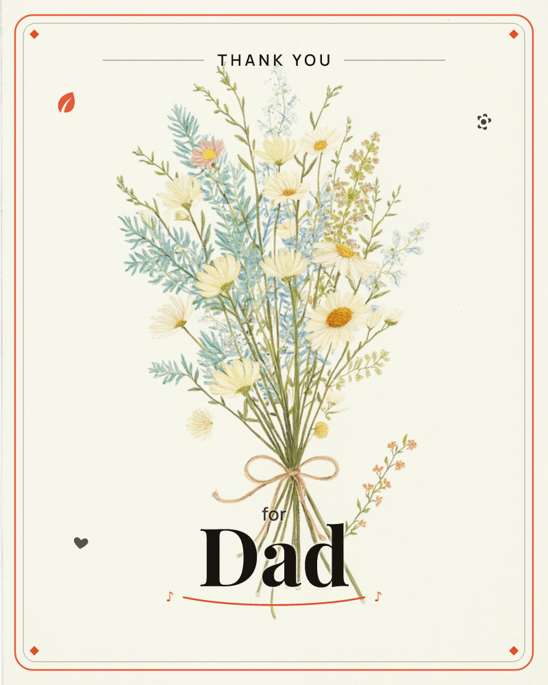 A hand-tied bouquet of white daisies and wispy blue-green ferns sits centered on a plain cream background, gathered at the stem with a soft pink bow, a thankyou e-card design