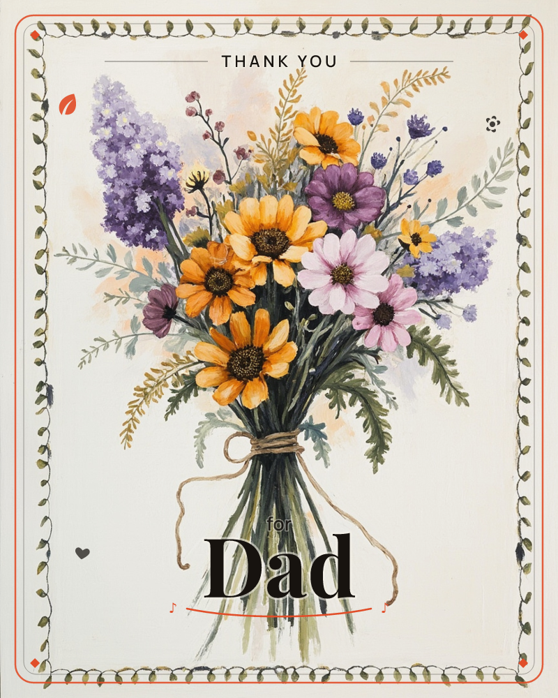 A hand-tied bouquet of orange daisies, purple asters, and lavender sprigs sits bundled with a loose jute bow, its stems fanning out at the base, a thankyou e-card design