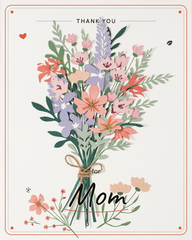 A hand-cut paper bouquet stands upright against a plain cream background, its layered stems bound with a simple twine bow, a thankyou e-card design