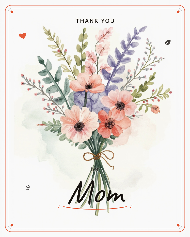 A hand-tied bouquet of coral and blush anemones sits at the centre of the page, gathered with sprigs of lavender, sage leaves and airy seed pods, a thankyou e-card design