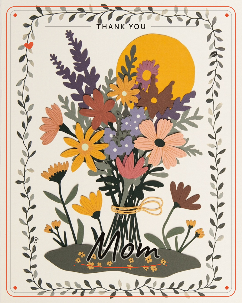 A hand-tied bouquet of wildflowers stands in front of a bold golden sun, its stems bundled with a loose orange bow, a thankyou e-card design