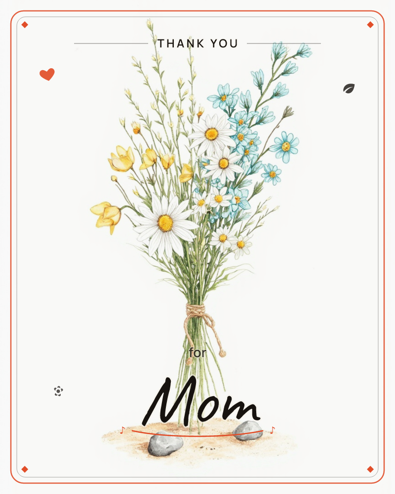 A hand-tied bouquet of white daisies, pale blue cornflowers, and yellow buttercups stands upright, bound with twine, its stems resting on a small patch…, a thankyou e-card design