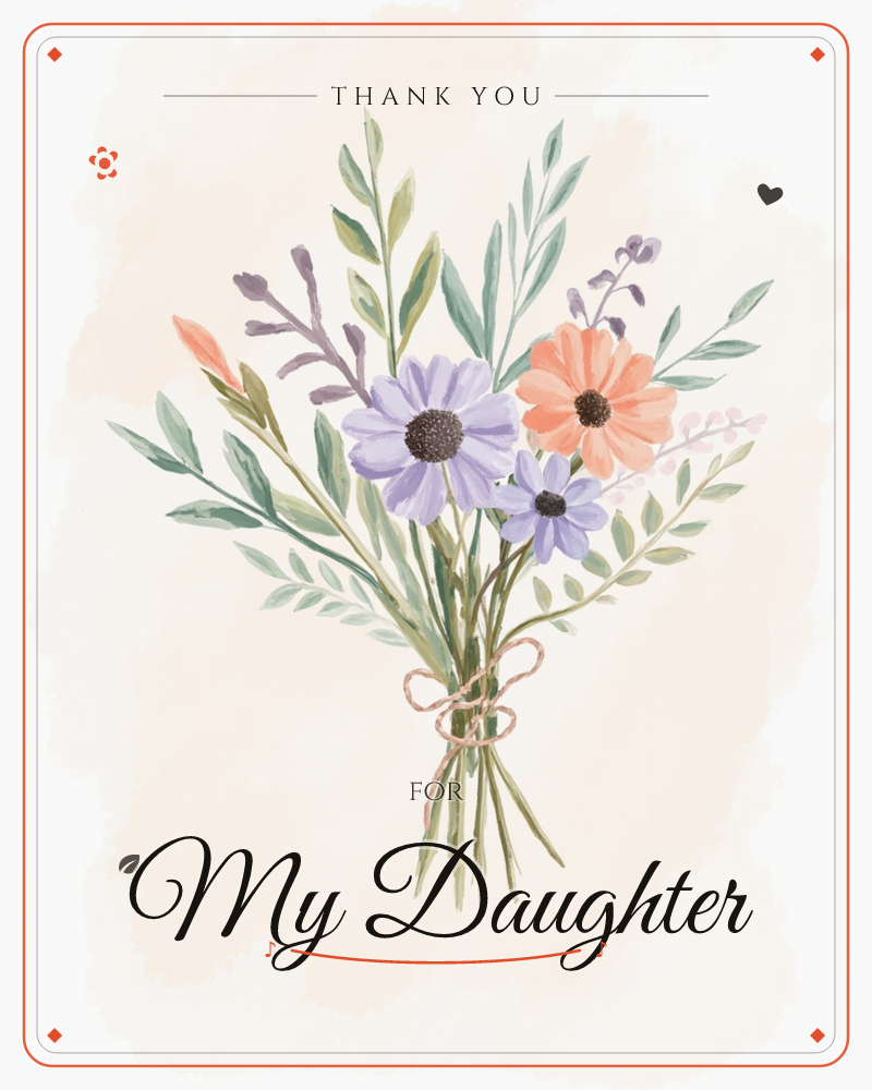 A hand-tied bouquet of lavender and coral daisies sits bundled with wispy green foliage and dark-centered blooms, wrapped at the stems with a delicate…, a thankyou e-card design