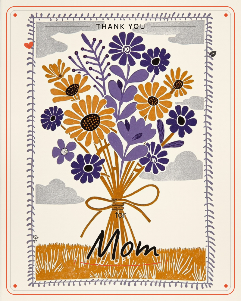 A hand-tied bouquet of purple and mustard-orange flowers stands bundled with a bow atop a stretch of golden grass, set against a cream sky dotted with…, a thankyou e-card design