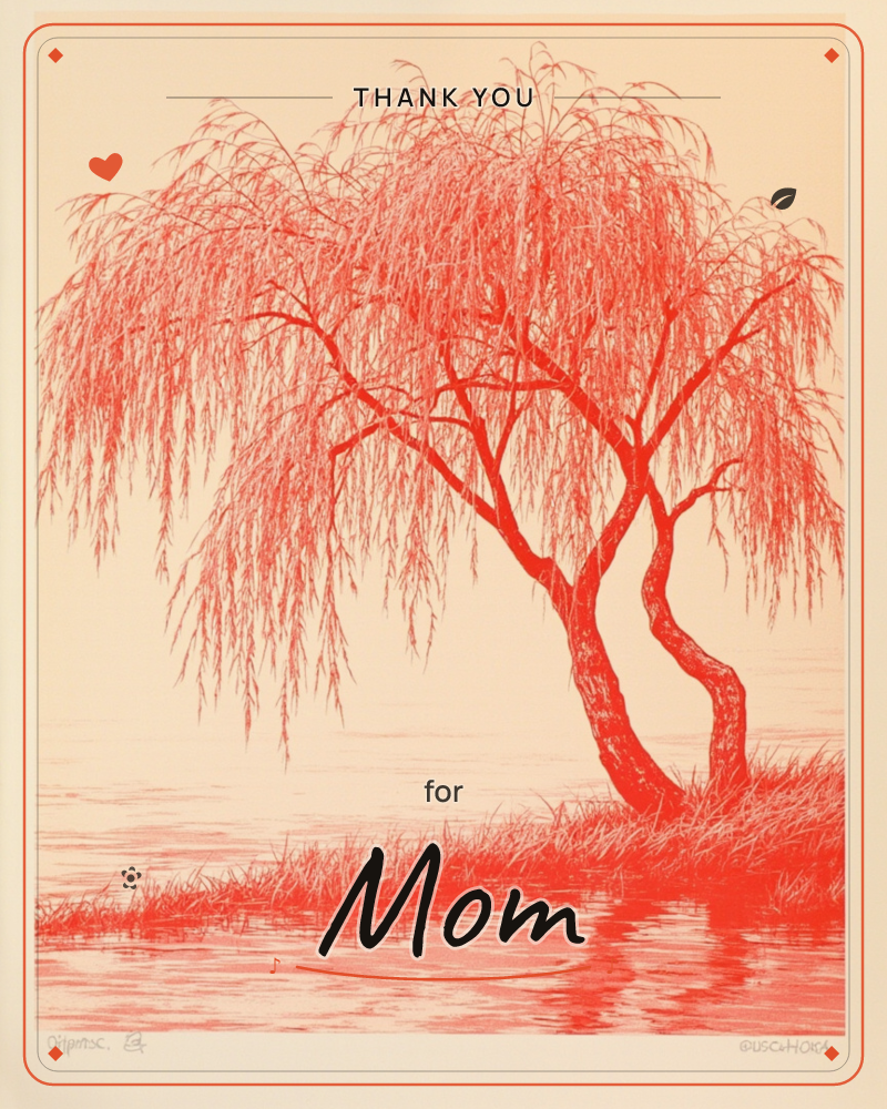 A single-colour print shows a weeping willow rendered entirely in coral red, its cascading branches drooping over a riverbank of tall grass, a thankyou e-card design