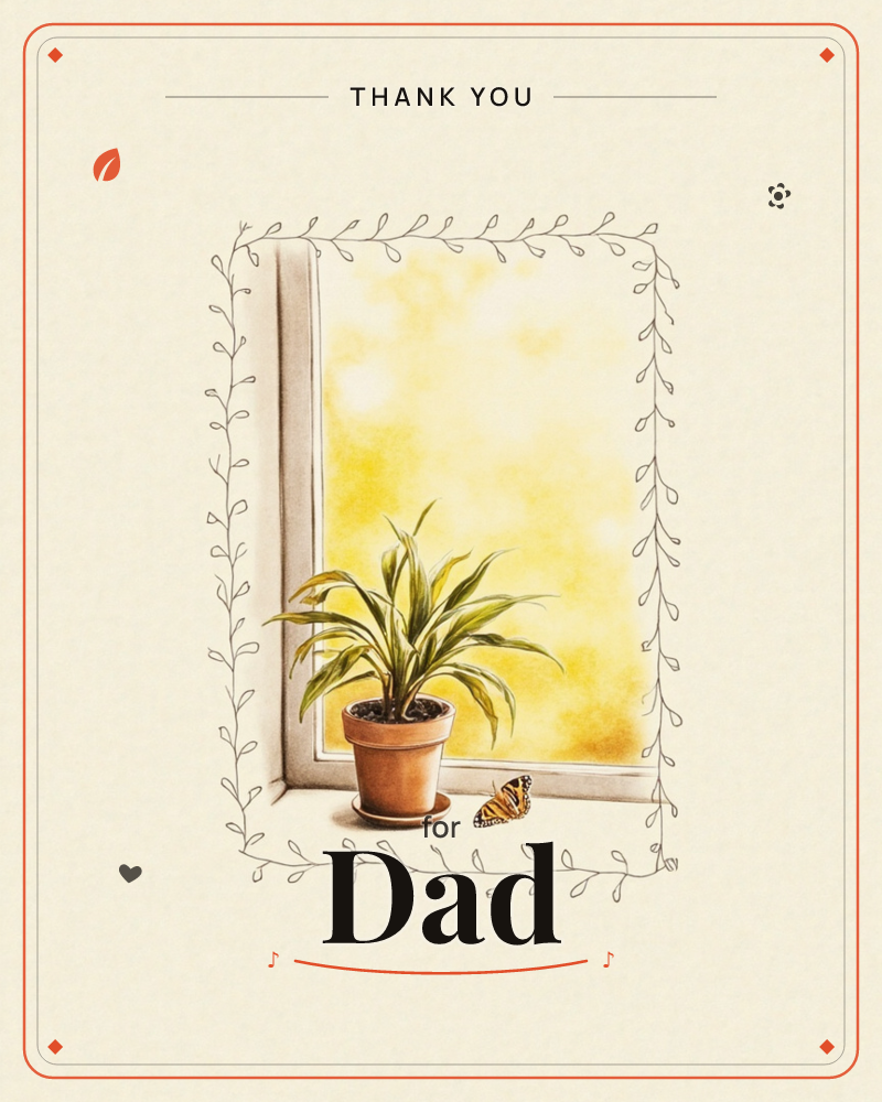 A terracotta pot with a spiky green houseplant sits on a windowsill, glowing golden light pouring through the glass behind it, a thankyou e-card design