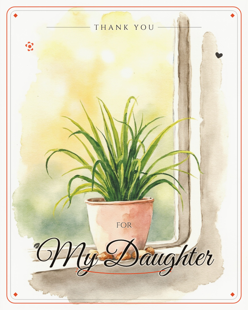 A spiky green houseplant sits in a blush-pink pot on a sunlit windowsill, a scatter of smooth pebbles at its base, a thankyou e-card design