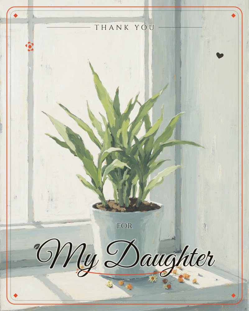 A potted plant with long, glossy green leaves sits on a pale windowsill, backlit by soft daylight through a paned window, a thankyou e-card design
