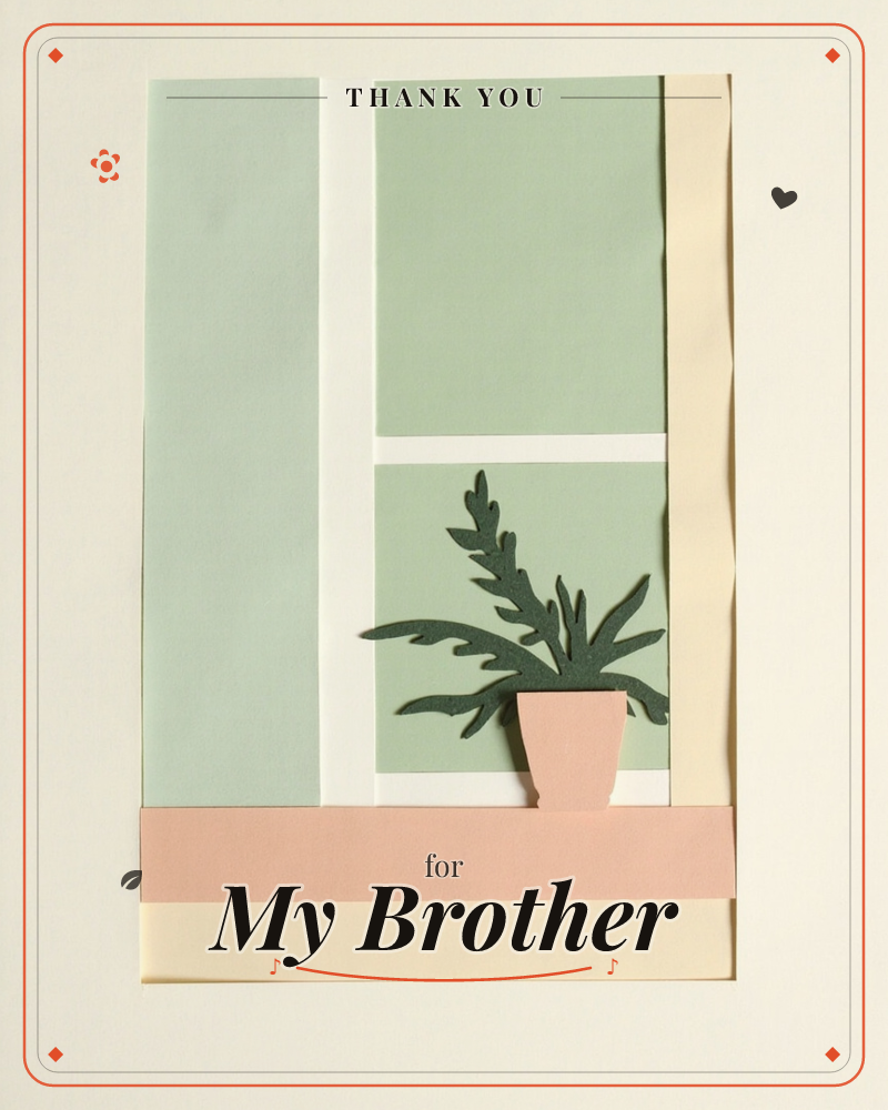 A paper-cut illustration shows a fern in a pale pink pot sitting on a windowsill, with sage-green window panes and a cream curtain gathered to one side, a thankyou e-card design