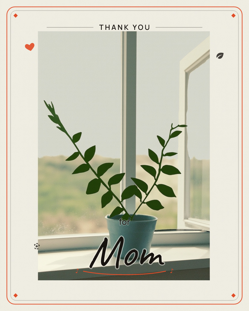 A small potted plant with two arching leafy stems sits on a white windowsill, backlit by a hazy view of distant hills through an open window, a thankyou e-card design