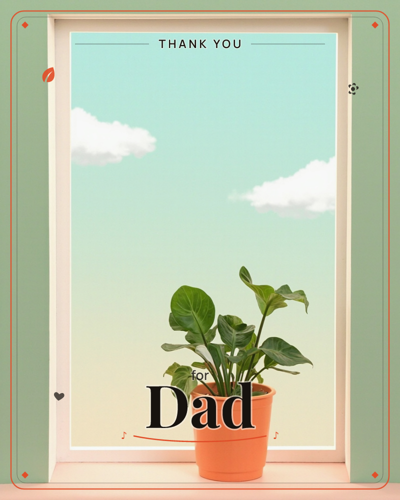 A potted plant with broad green leaves sits on a windowsill inside a cream-framed window, an orange pot grounding the composition, a thankyou e-card design